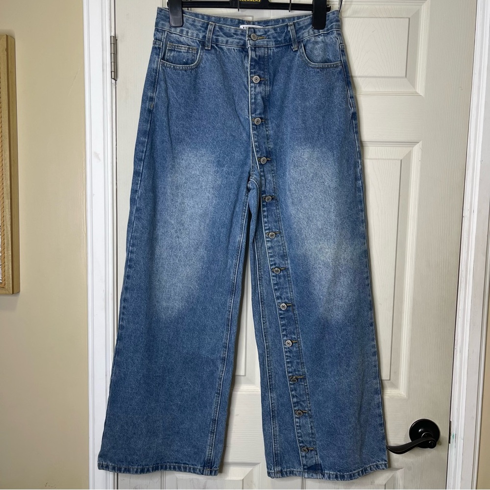 Uoozee Wide Leg Denim Jeans With Side Button Detail Sz XL